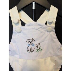 Little Lamb & Co Baby White Cotton Embroidered Puppy Bubble Romper 12M NWT